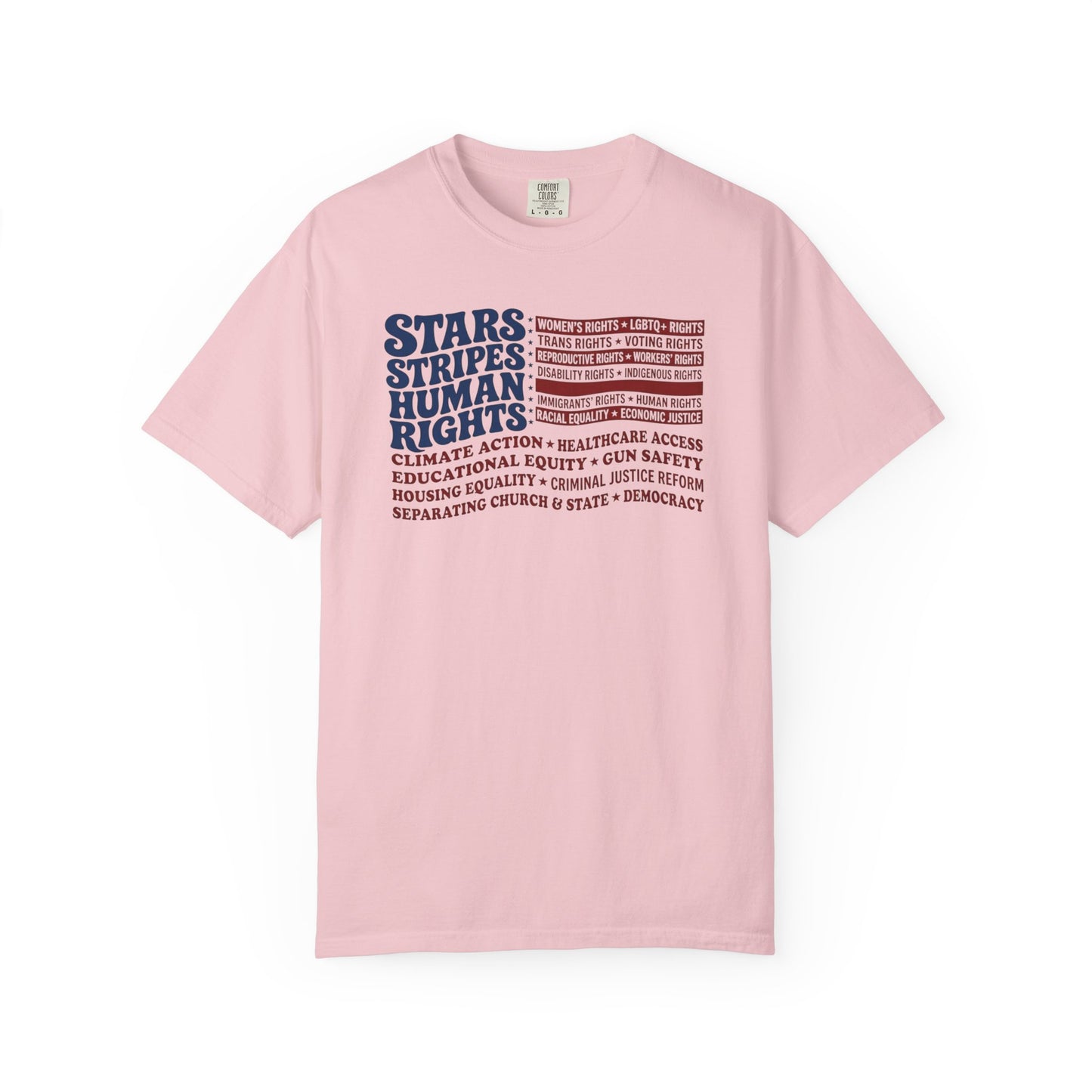Blossom garment-dyed Stars & Stripes Human Rights T-Shirt, patriotic social justice graphic tee in heavyweight ring-spun cotton