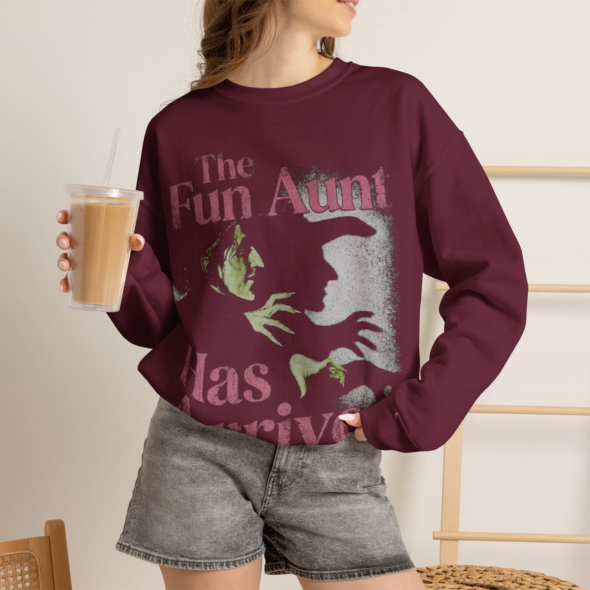 "The Fun Aunt Has Arrived" Vintage Horror Graphic Crewneck Sweatshirt