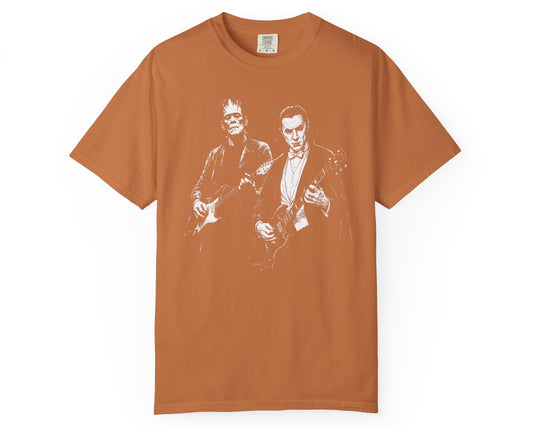 Yam garment-dyed Frankenstein and Dracula guitar tee with retro Halloween rock band graphic
