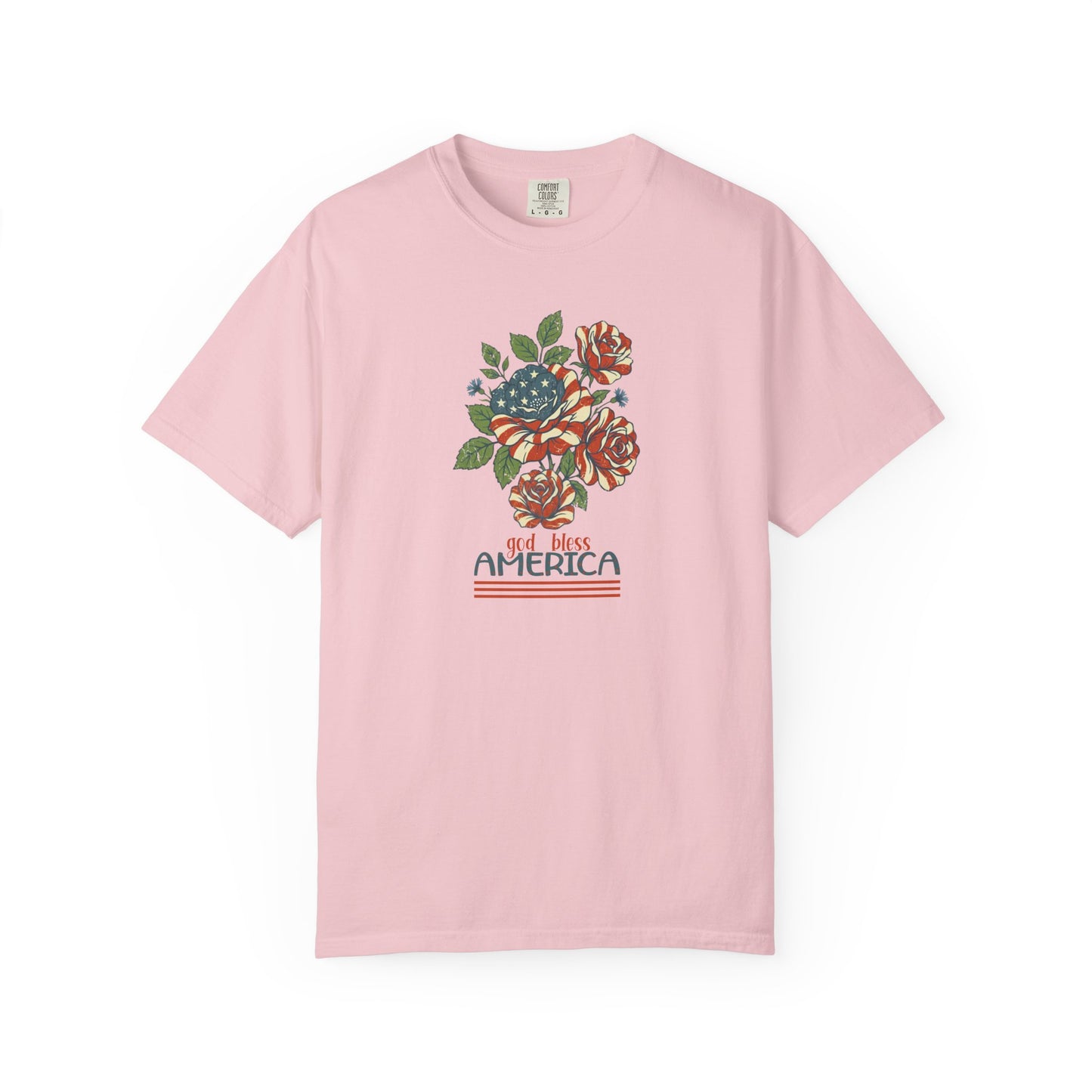 Blossom garment-dyed t-shirt with patriotic floral God Bless America graphic on chest