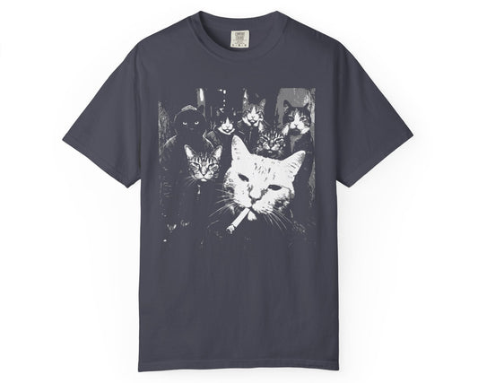 Navy blue heavyweight graphic tee with a black-and-white cat gang print showing a pack of intimidating cats posed together, boss cat front and center with a cigarette, on a relaxed unisex fit t-shirt.
