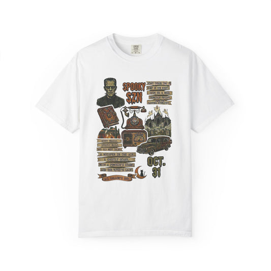Spooky Season Graphic T-Shirt in White — vintage Halloween haunted carnival tee, garment dyed