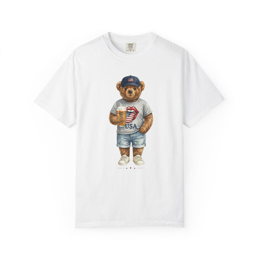 White t-shirt with a bear graphic holding a coffee cup and 'USA' shorts on a white background