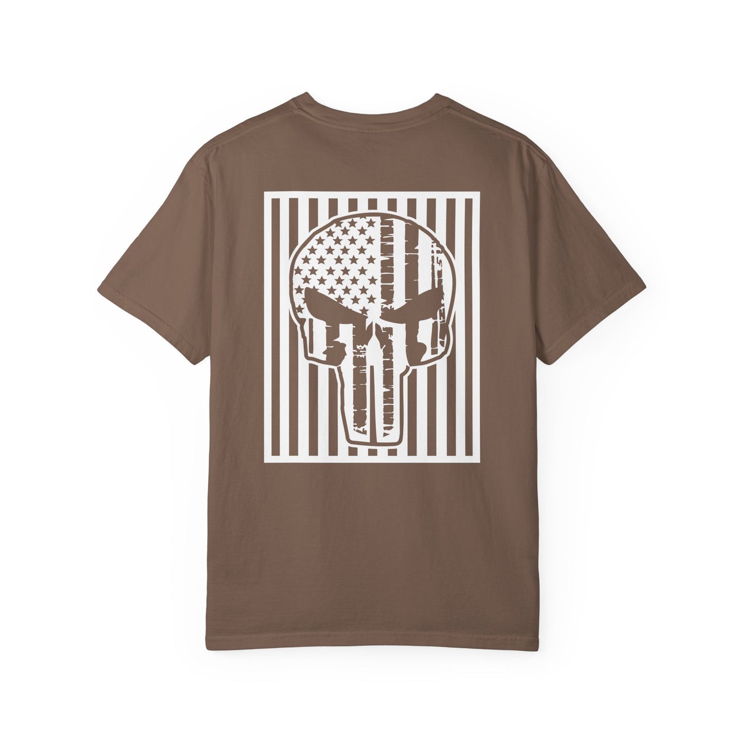 espresso t-shirt with white star and circle design on front, and Punisher skull design on back