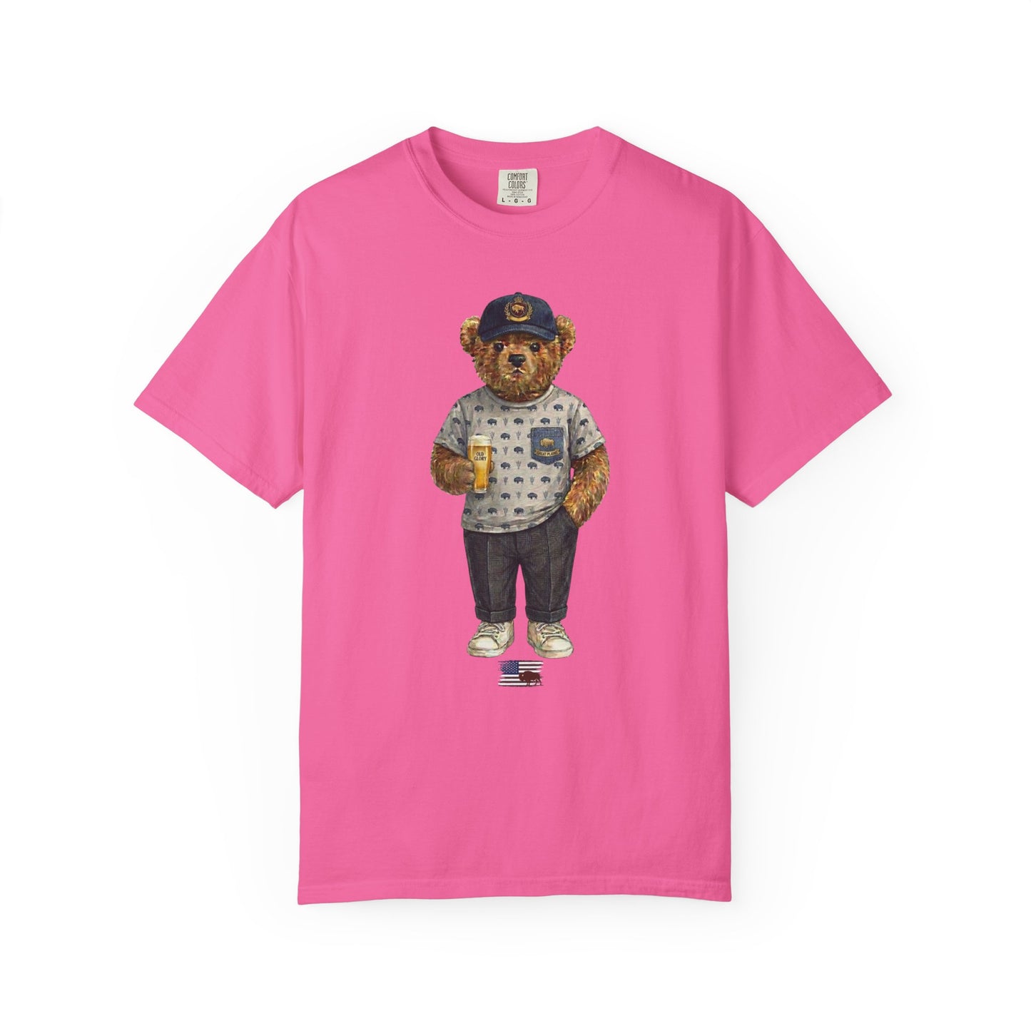 neon Pink t-shirt with a bear graphic holding a beer mug on a white background