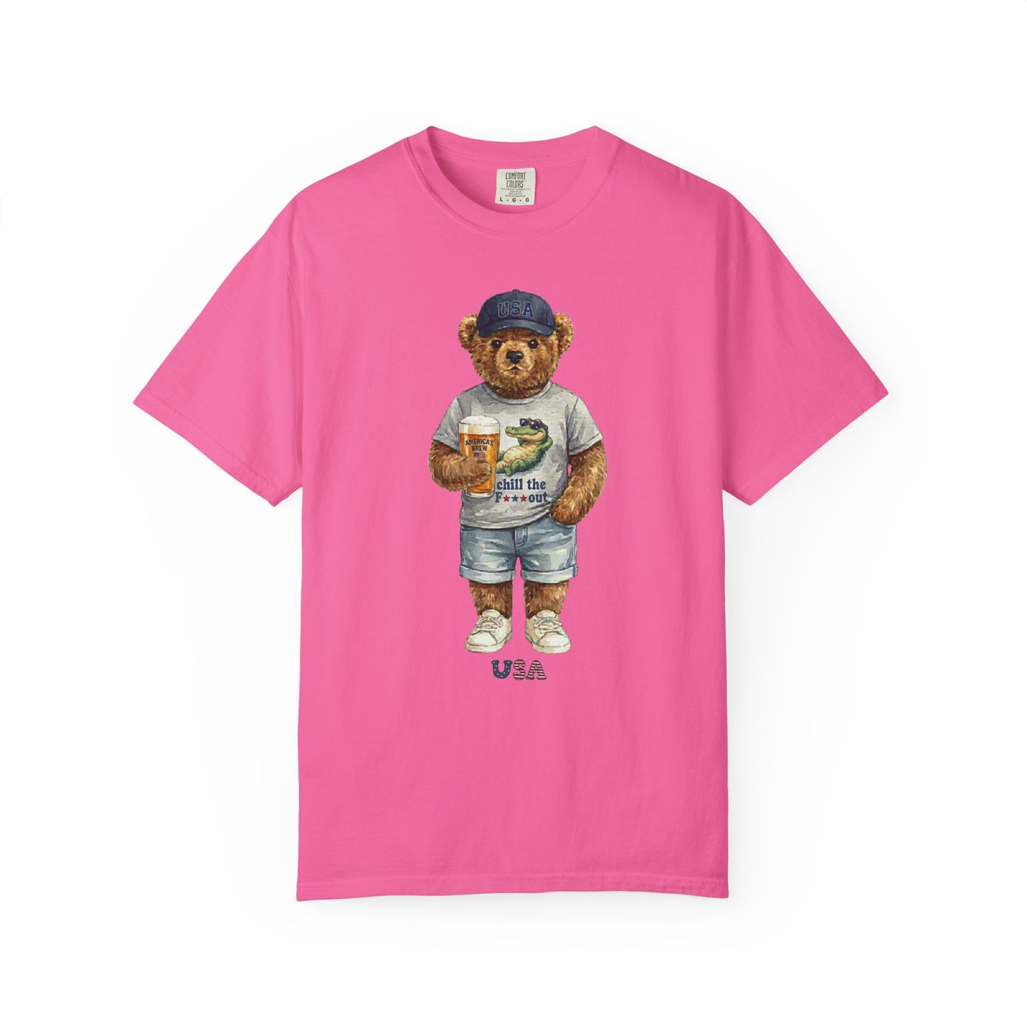 neon Pink t-shirt with a bear graphic holding a coffee cup on a white background