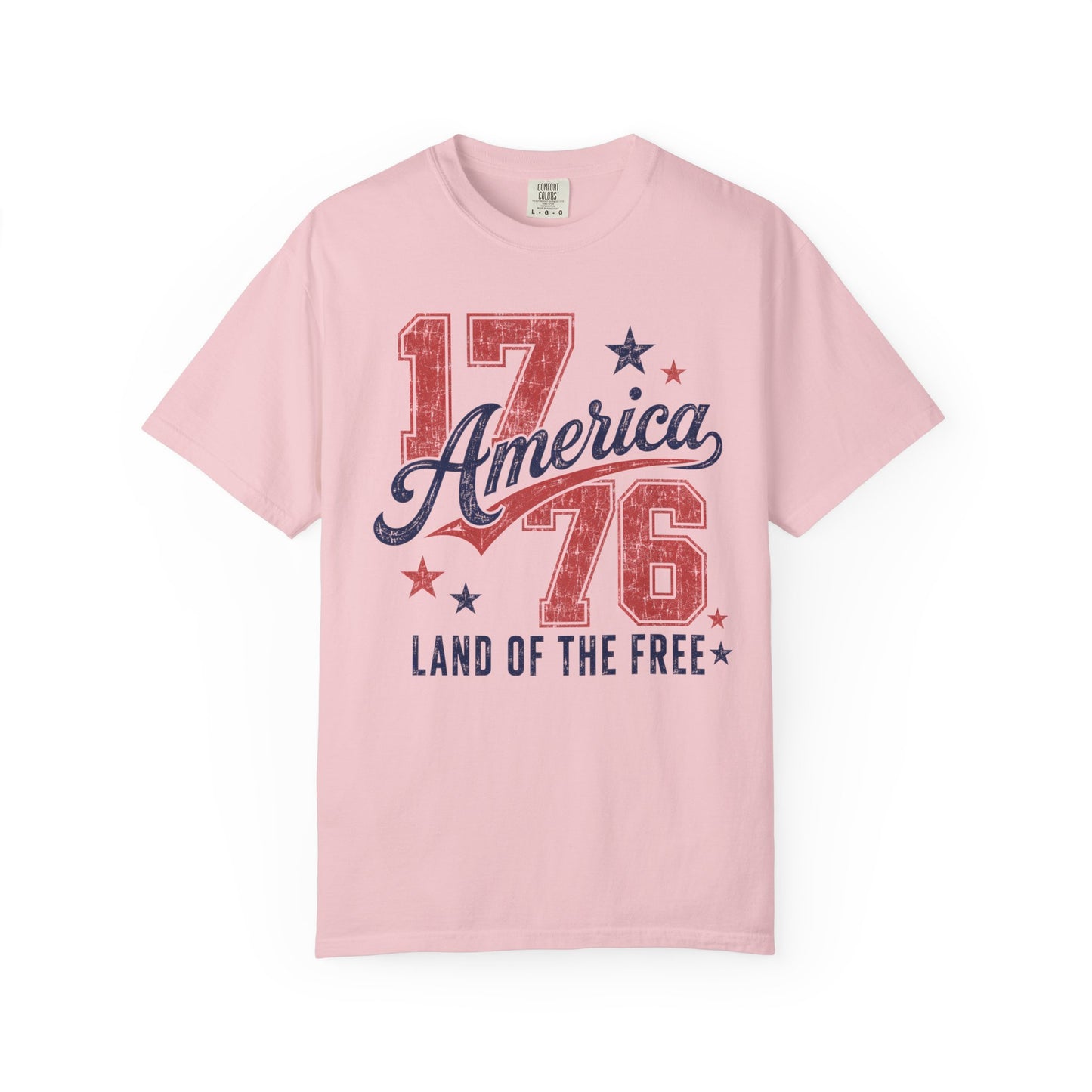 Blossom t-shirt with '17 America 76 Land of the Free' text and stars on a white background