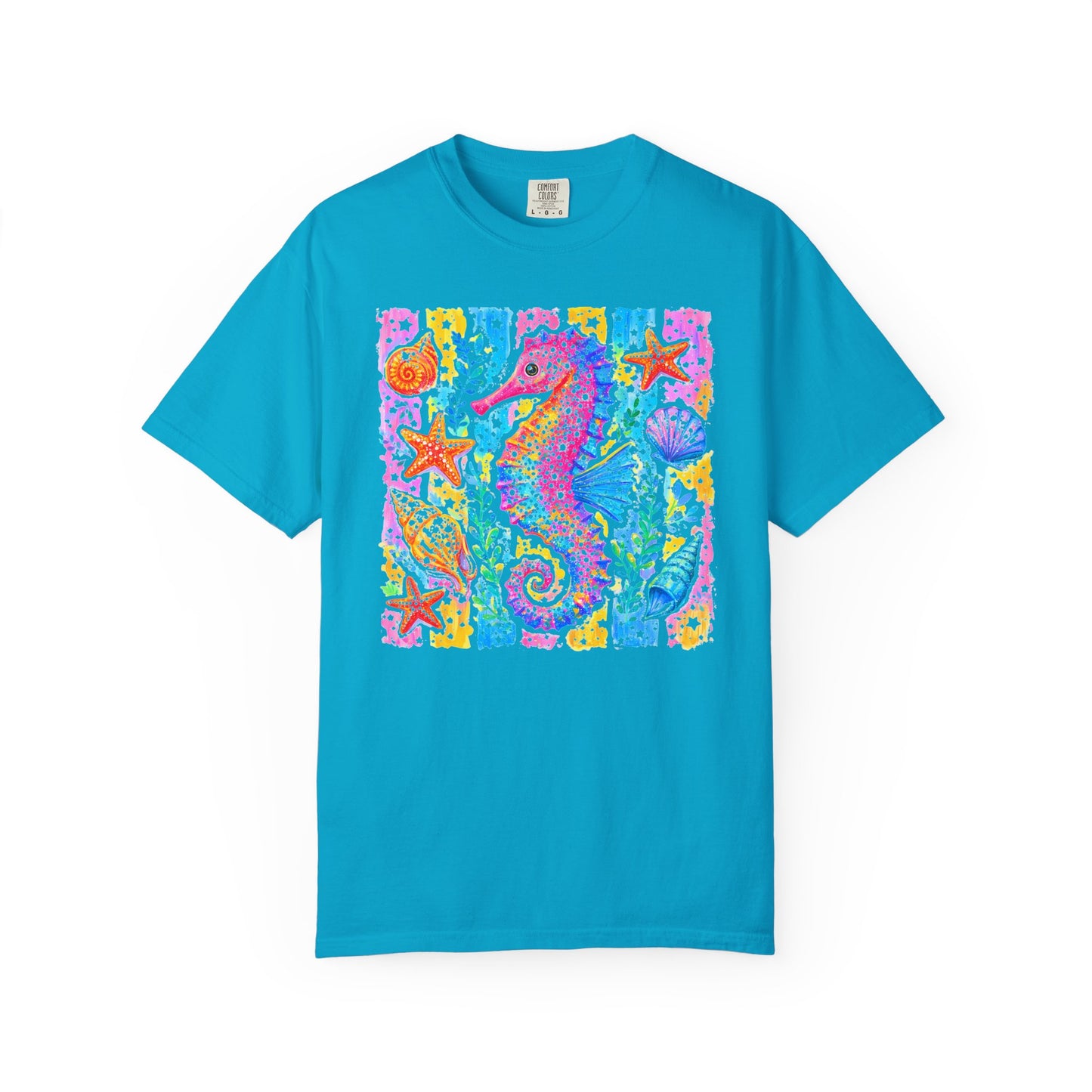 Seahorse Beach Art T-Shirt in sapphire — watercolor seahorse with shells and starfish graphic, garment-dyed comfort colors tee