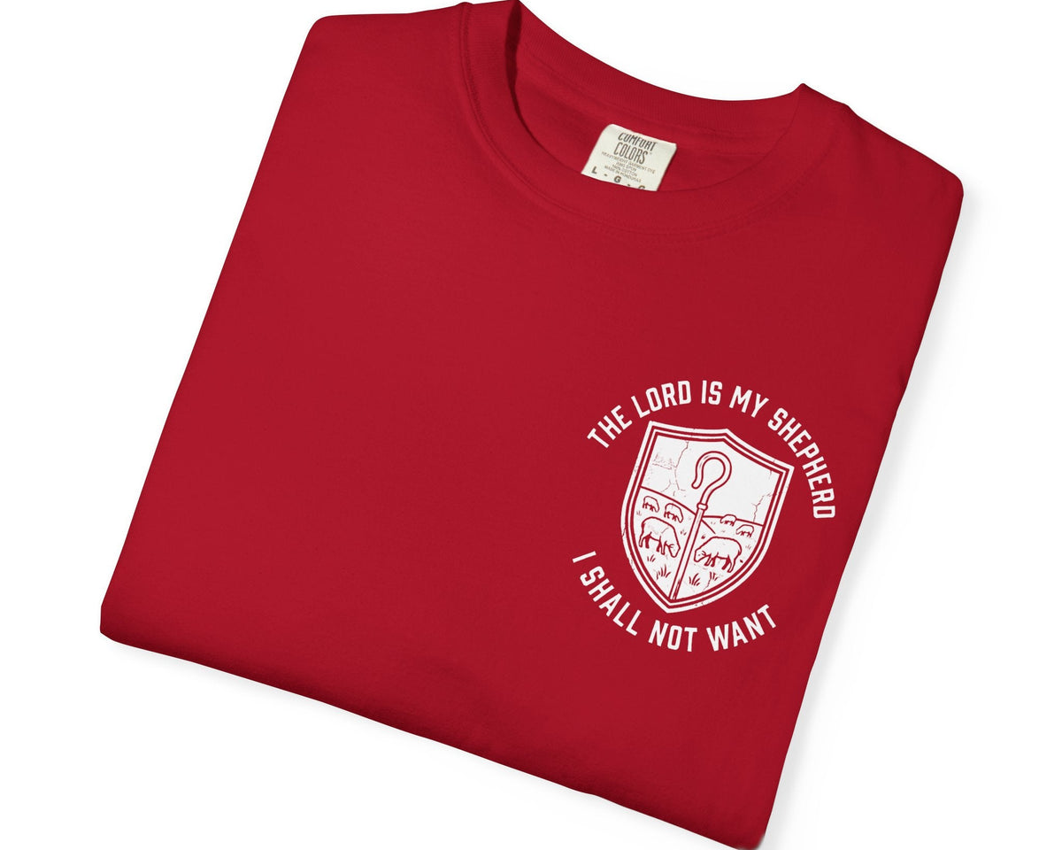 Red Psalm 23:1 faith shirt with shepherd graphic design and scripture text shown on model