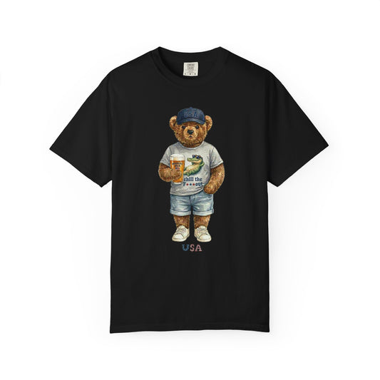 Black t-shirt with a bear graphic holding a beer mug on a white background