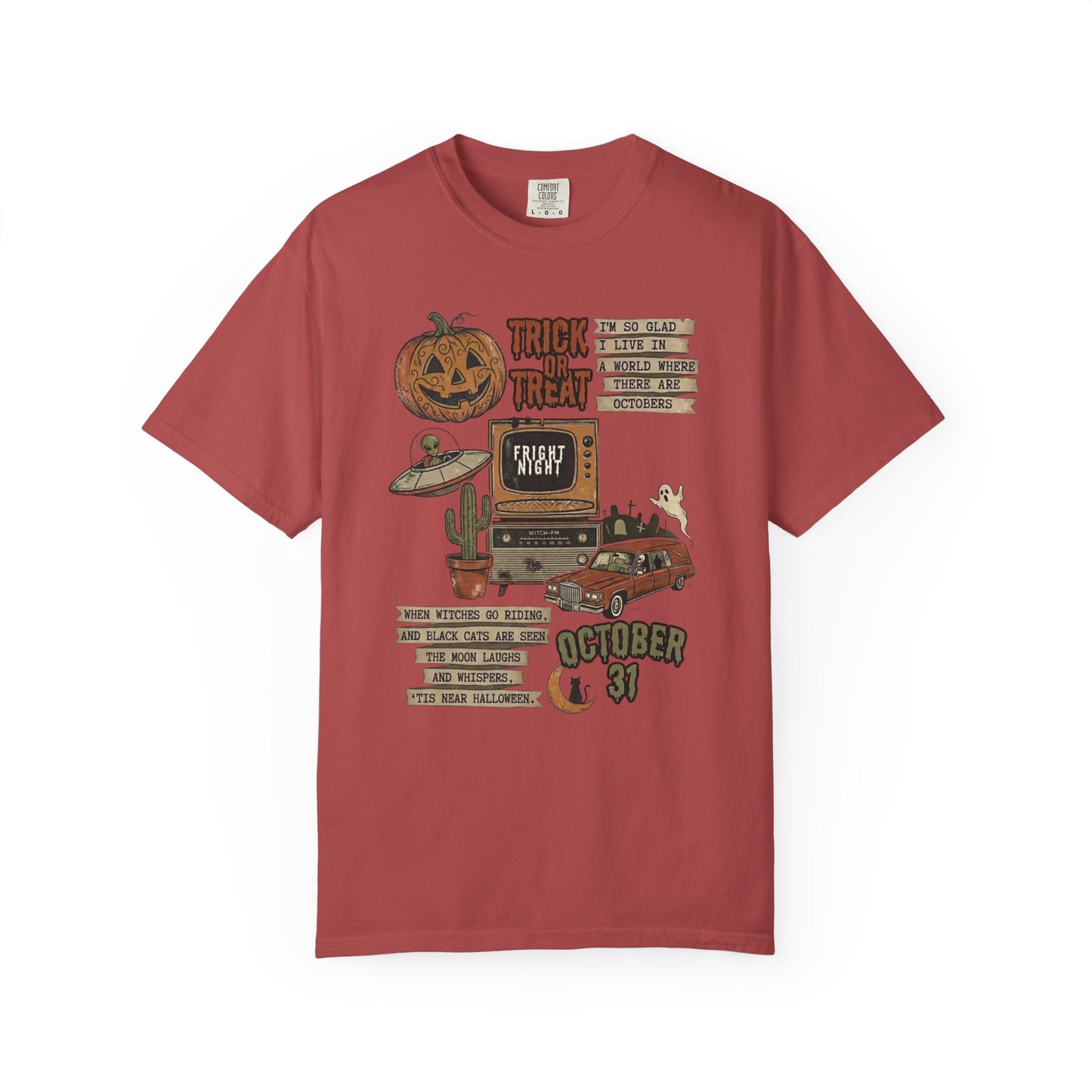 Halloween Retro Graphic T-Shirt in Crimson — vintage trick or treat collage tee, garment dyed