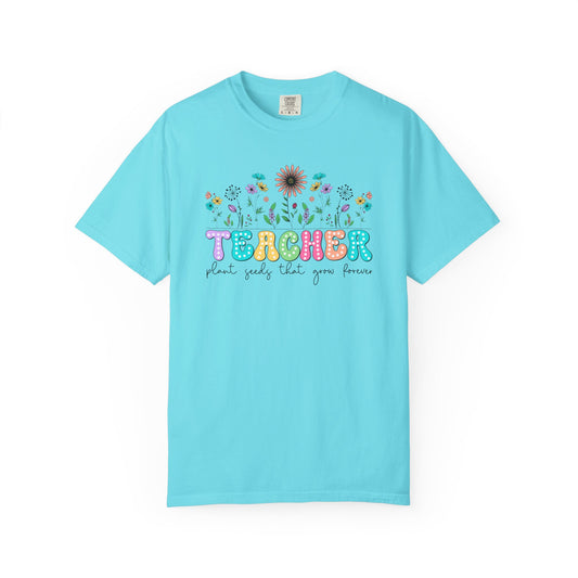 Lagoon t-shirt with colorful 'Teacher' design on a white background