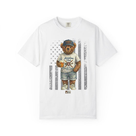 White t-shirt with a bear graphic and American flag design on a white background