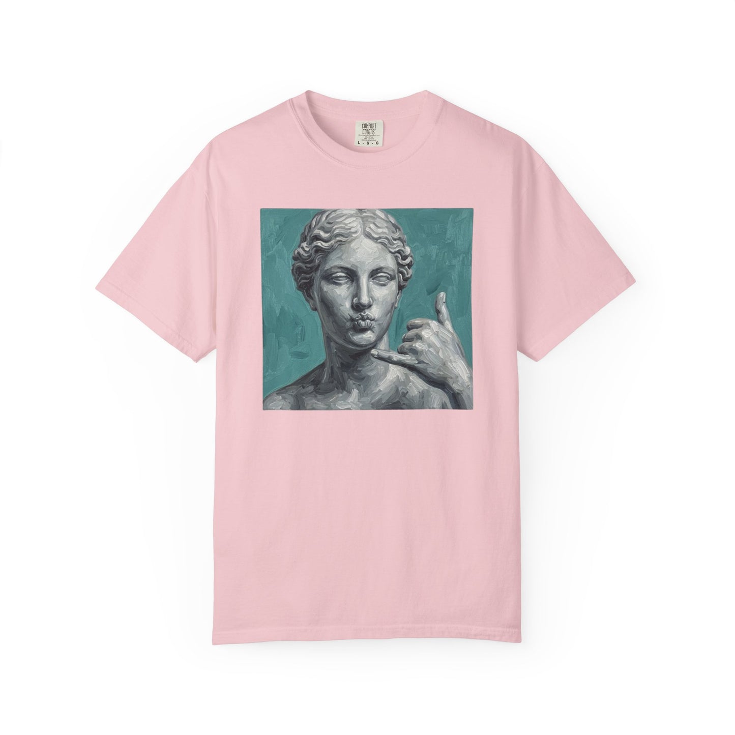 Classical Statue Call Me t-shirt in Blossom — funny art shirt garment-dyed cotton