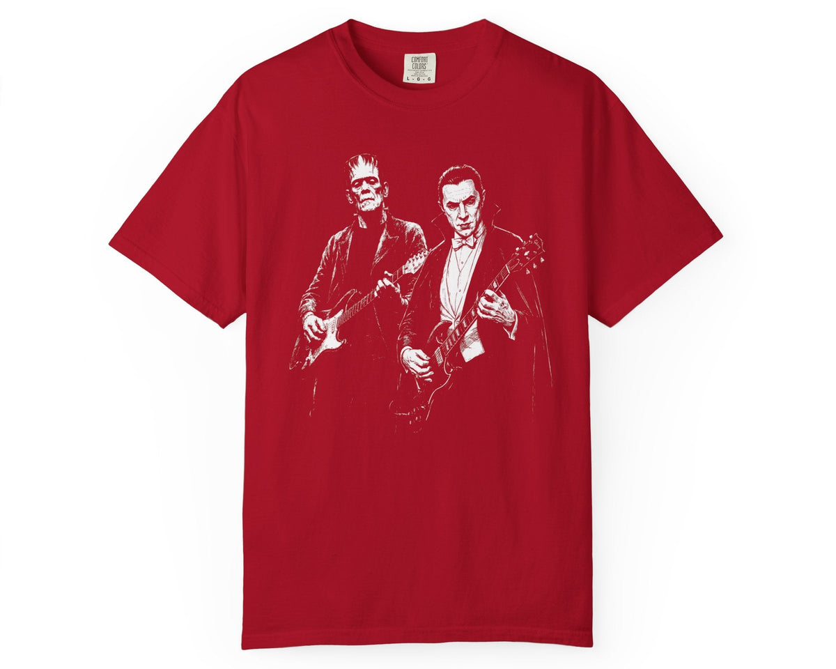 Red garment-dyed Frankenstein and Dracula guitar tee with retro Halloween rock band graphic