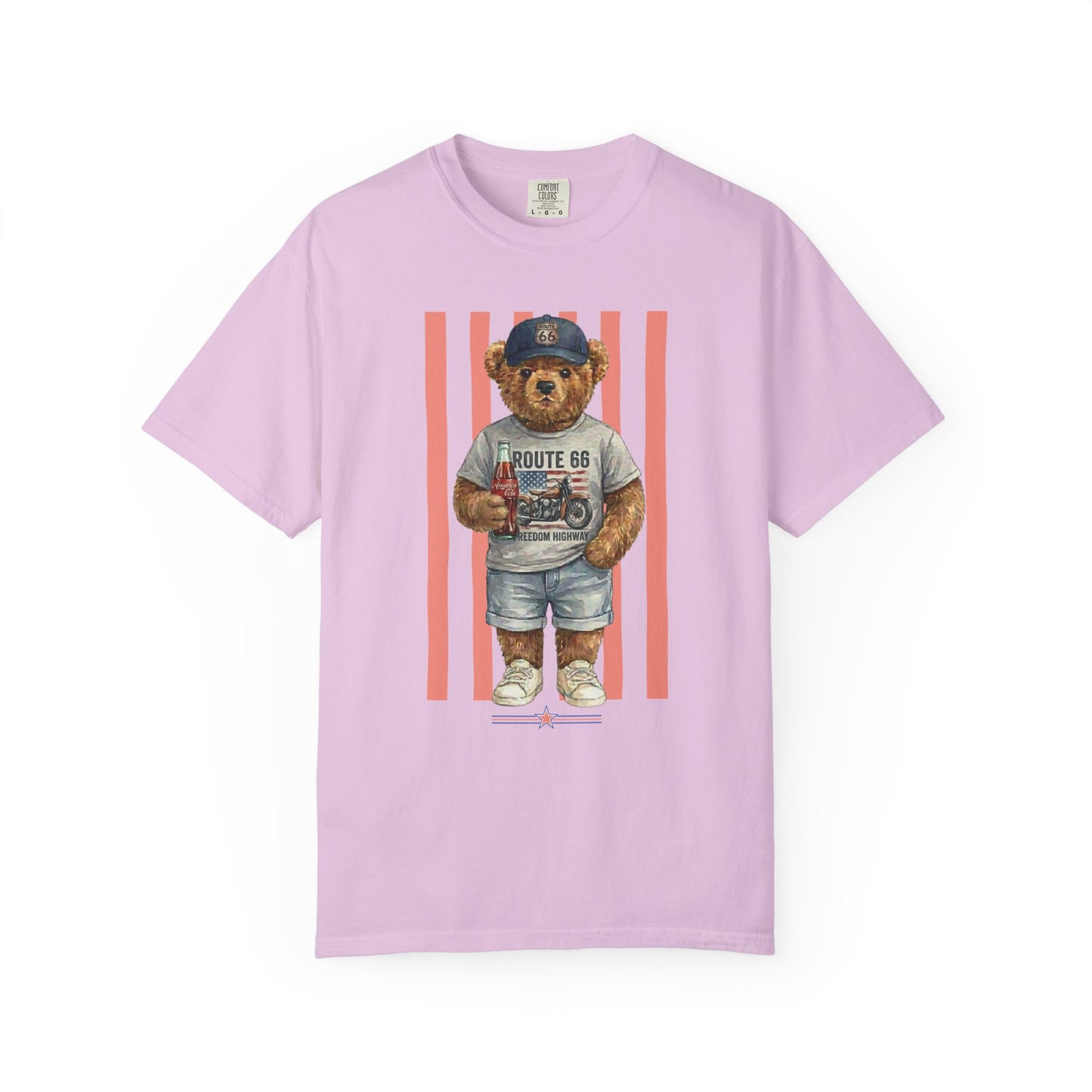 orchid t-shirt with a bear graphic holding a Coca-Cola bottle on a white background