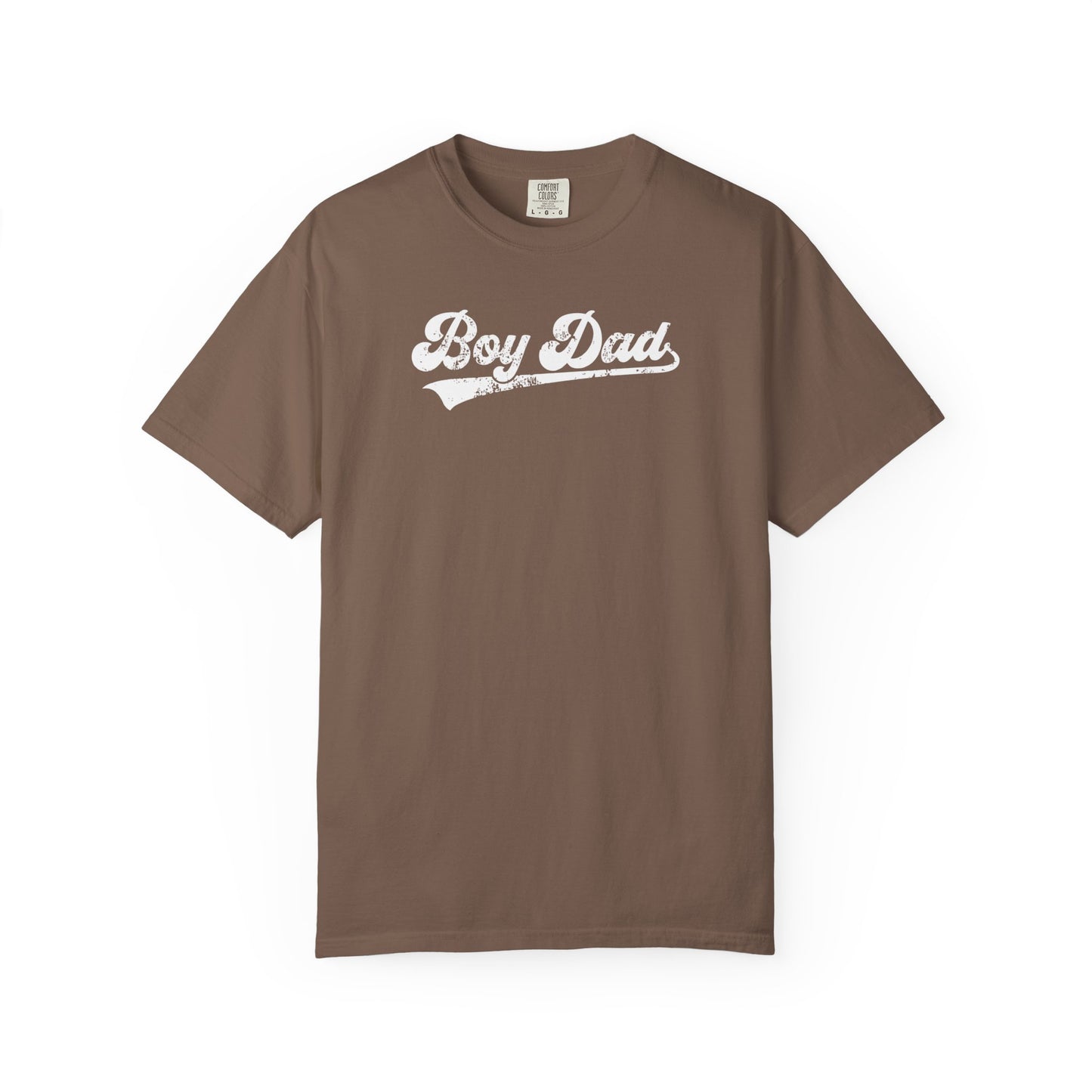 espresso t-shirt with 'Boy Dad' text on a white background