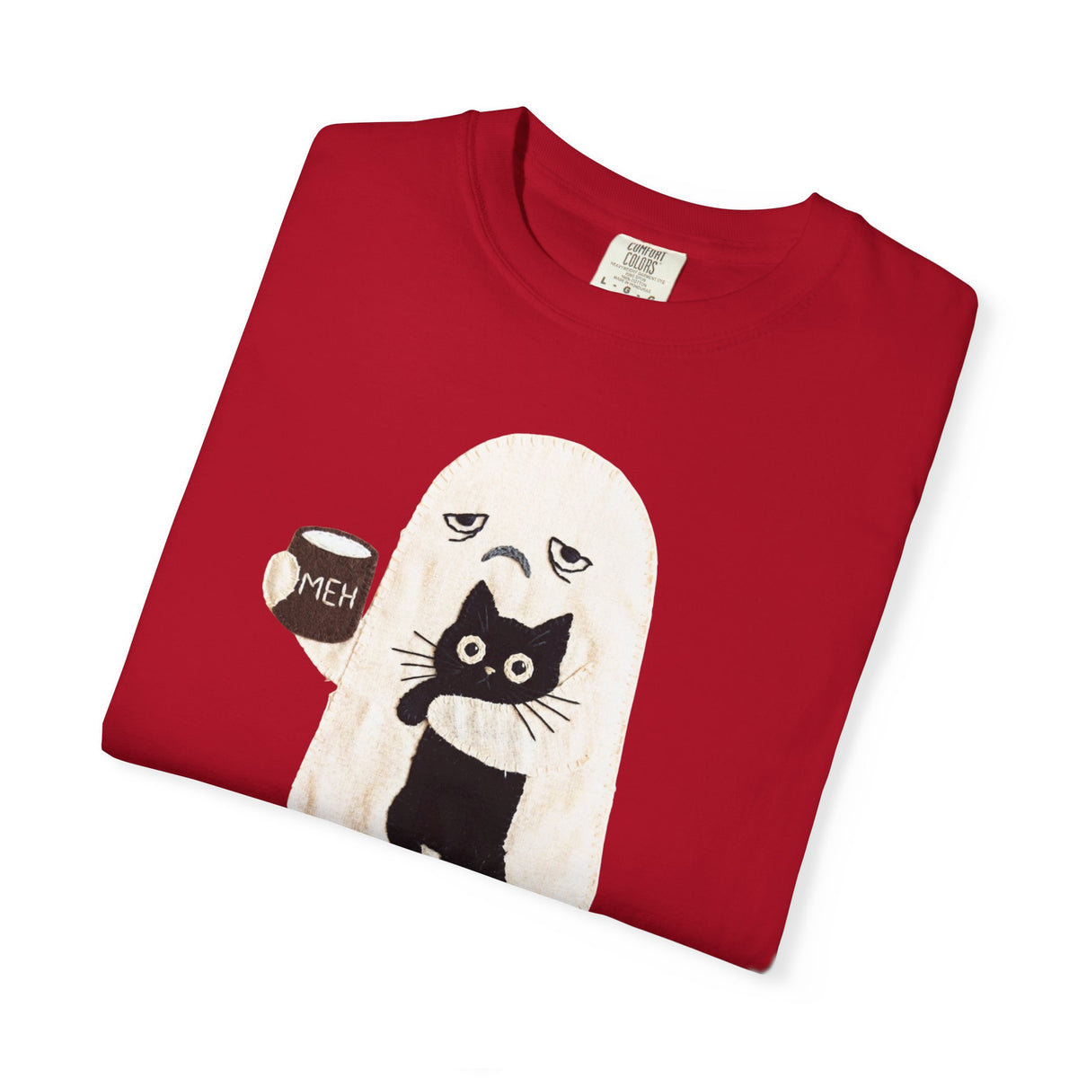 Ghost Cat Faux Patchwork Graphic T-Shirt — Grumpy Ghost Black Cat Coffee Tee