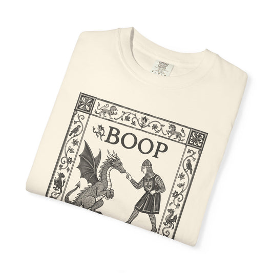 Boop Dragon T-Shirt in Ivory — vintage illustration tee featuring an armored knight and winged dragon with ornate border and "BOOP" lettering