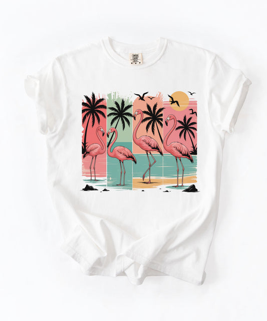 Flamingo Sunset T-Shirt โ Tropical Beach Palm Graphic Tee