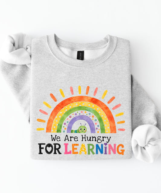 an ash sweatshirt with a rainbow and text that says we are hungry for learning design.