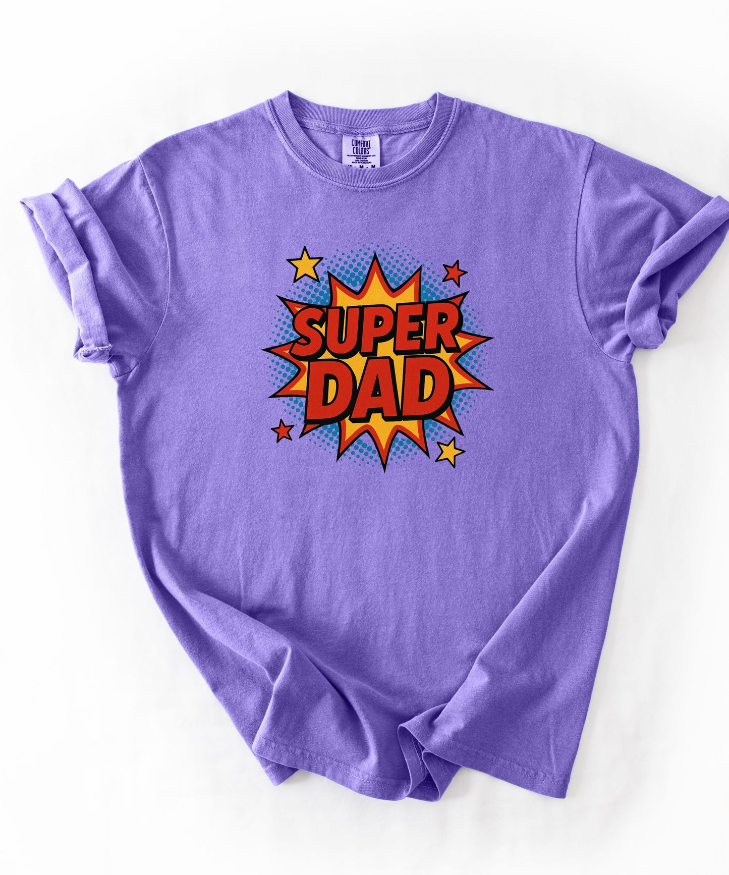 Super Dad comic graphic t-shirt in violet
— bold SUPER DAD burst graphic, Comfort Colors 1717