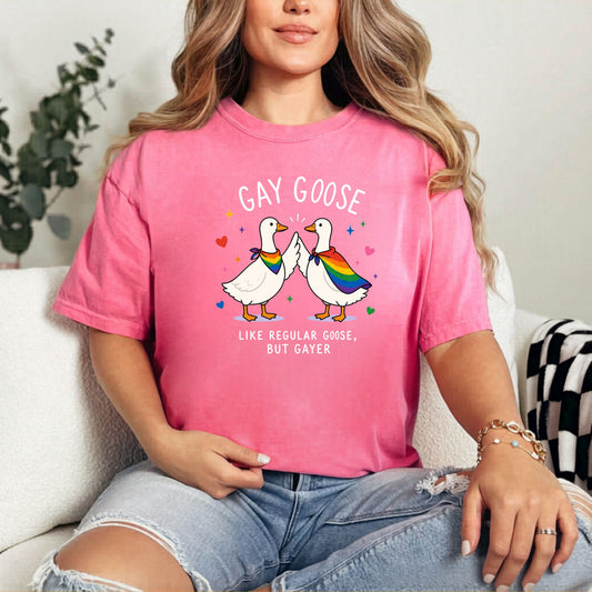 Gay Goose T-Shirt in Crunchberry — cute rainbow LGBTQ+ pride tee, garment-dyed Comfort Colors 1717