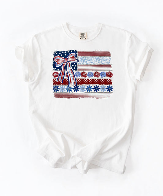 Patriotic Ribbon Flag T-Shirt in White โ vintage americana graphic tee, garment dyed, relaxed fit