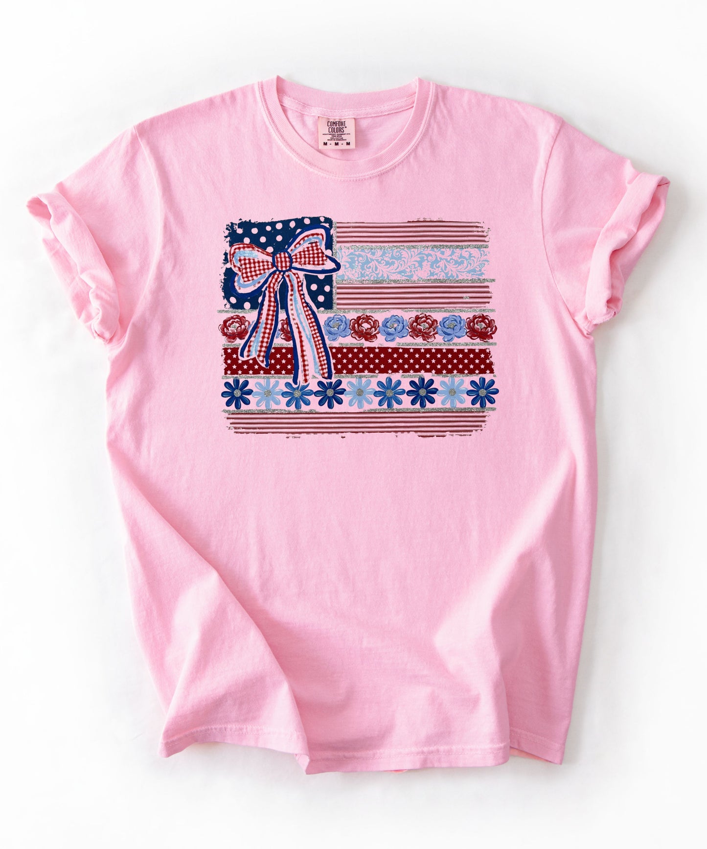 Patriotic Ribbon Flag T-Shirt in Blossom— vintage americana graphic tee, garment dyed, relaxed fit