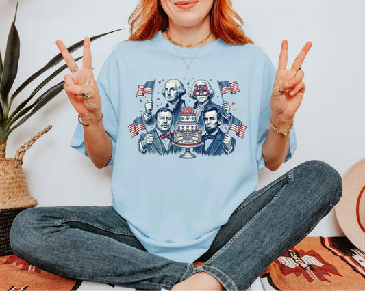 Founding Fathers Birthday Party T-Shirt in Chambray — America 250th anniversary patriotic graphic tee
