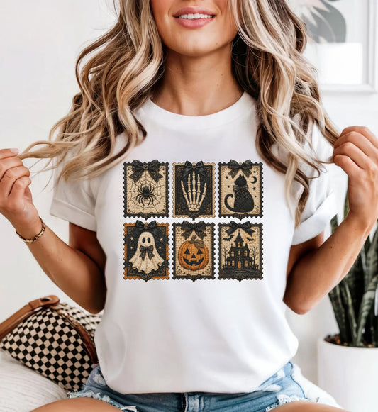 Vintage Halloween Faux Patchwork T-Shirt — Spooky Stamp Graphic Tee