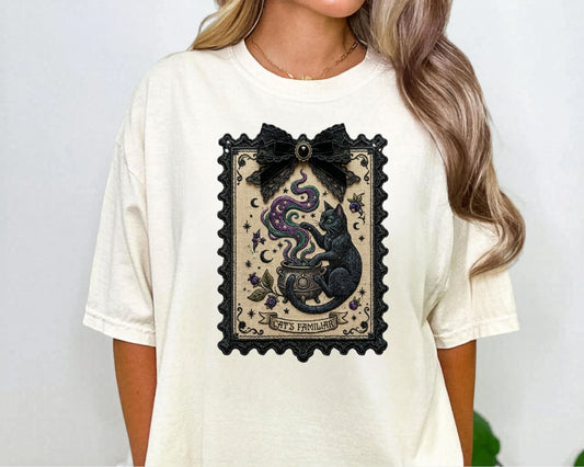 Vintage Black Cat Faux Tarot Stamp T-Shirt in Ivory — faux tarot stamp print, soft garment dyed tee