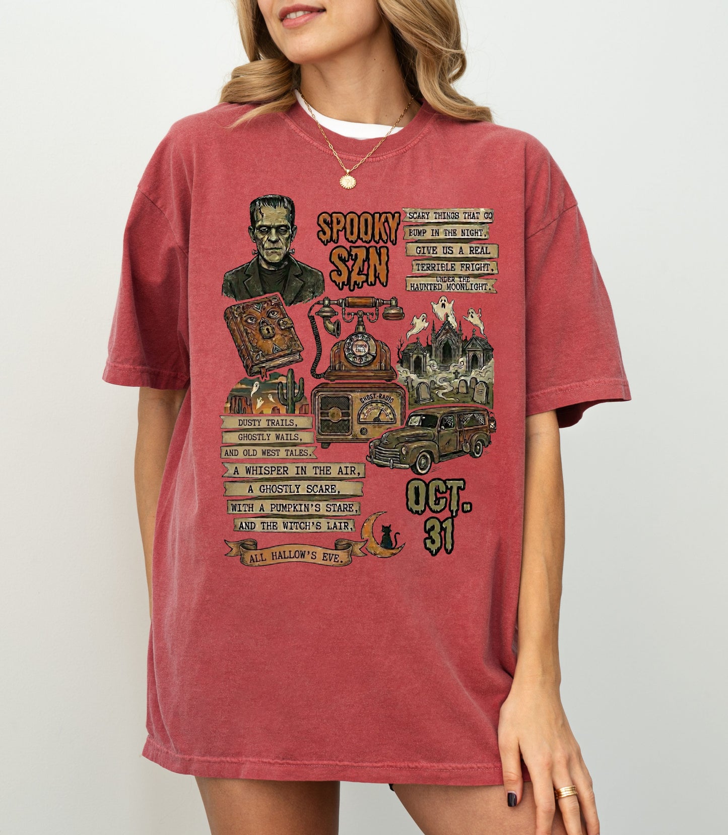 Spooky Season Graphic T-Shirt in Crimson — bold Halloween graphic tee, vintage haunted carnival garment dyed