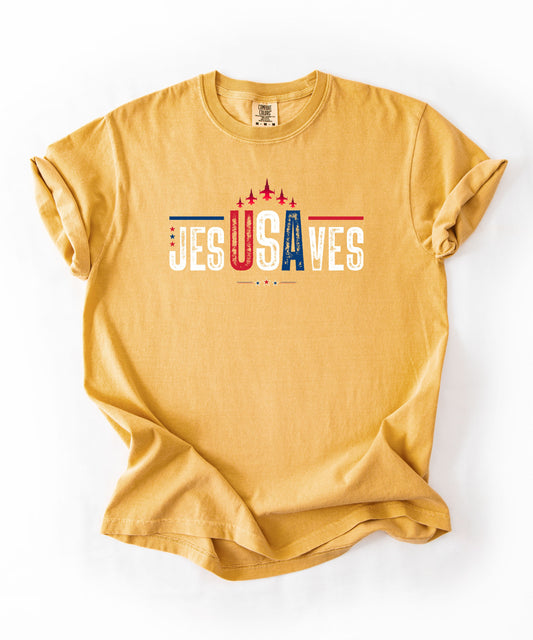 jesUSAves Graphic T-Shirt in Mustard — Jesus Saves retro Americana faith tee, garment dyed