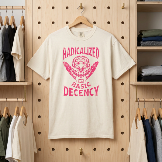Radicalized by Basic Decency T-Shirt in Ivory — vintage Americana eagle protest graphic tee, garment dyed