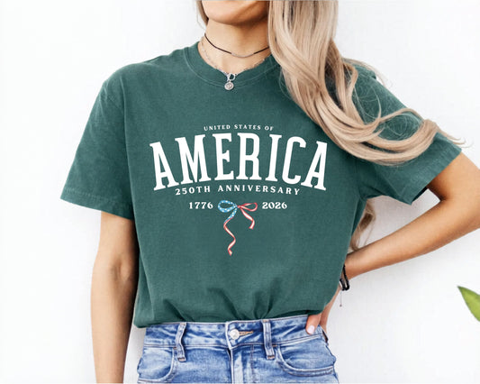 America 250th Anniversary T-Shirt in Blue Spruce — vintage garment-dyed patriotic tee