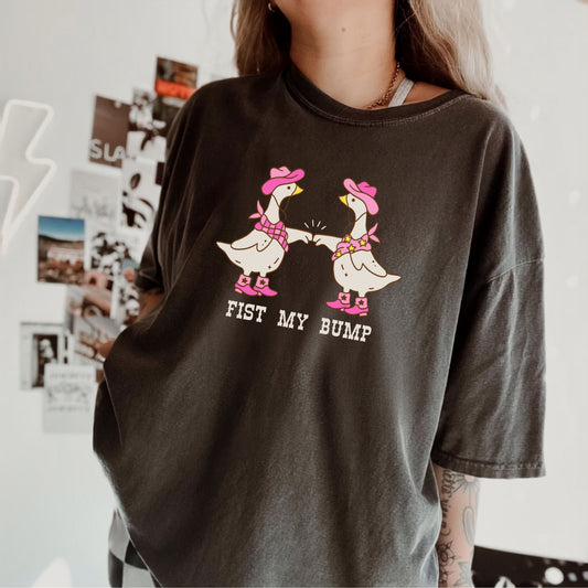 Funny Western Goose T-Shirt in Pepper — "Fist My Bump" silly graphic tee