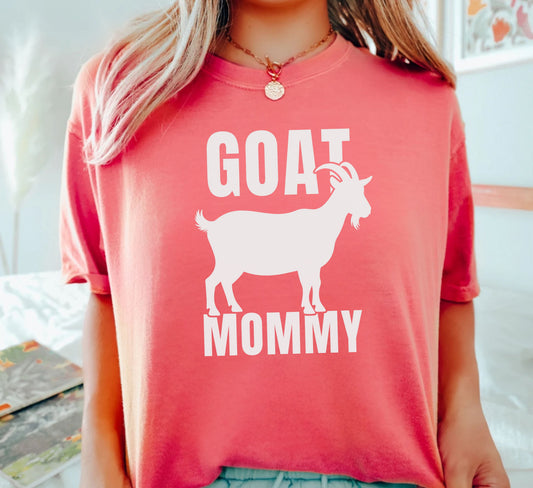 Goat Mommy funny goat mom graphic tee in Watermelon — Comfort Colors garment-dyed farm mom shirt