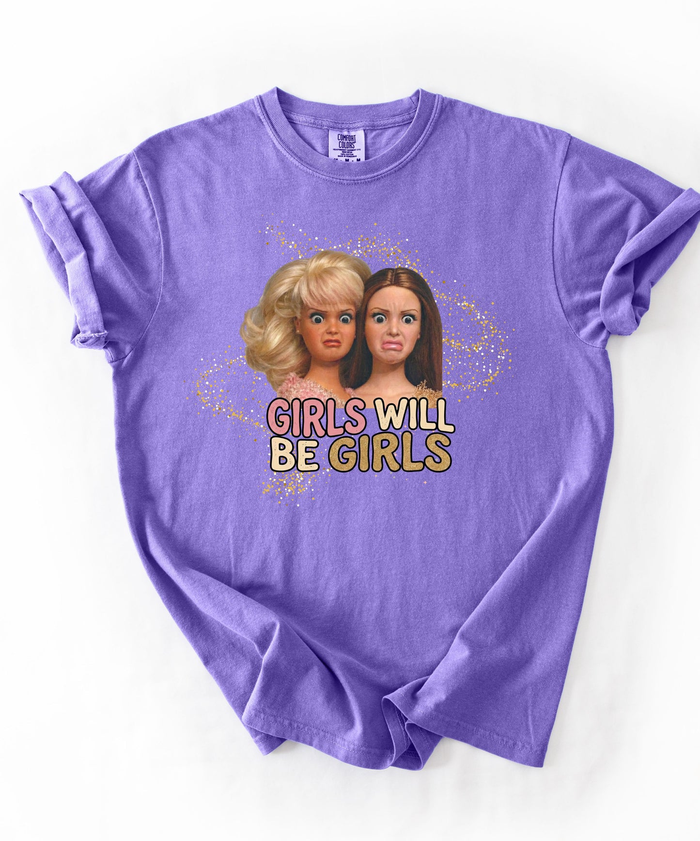 Girls Will Be Girls retro graphic t-shirt in Violet — vintage doll print feminist tee