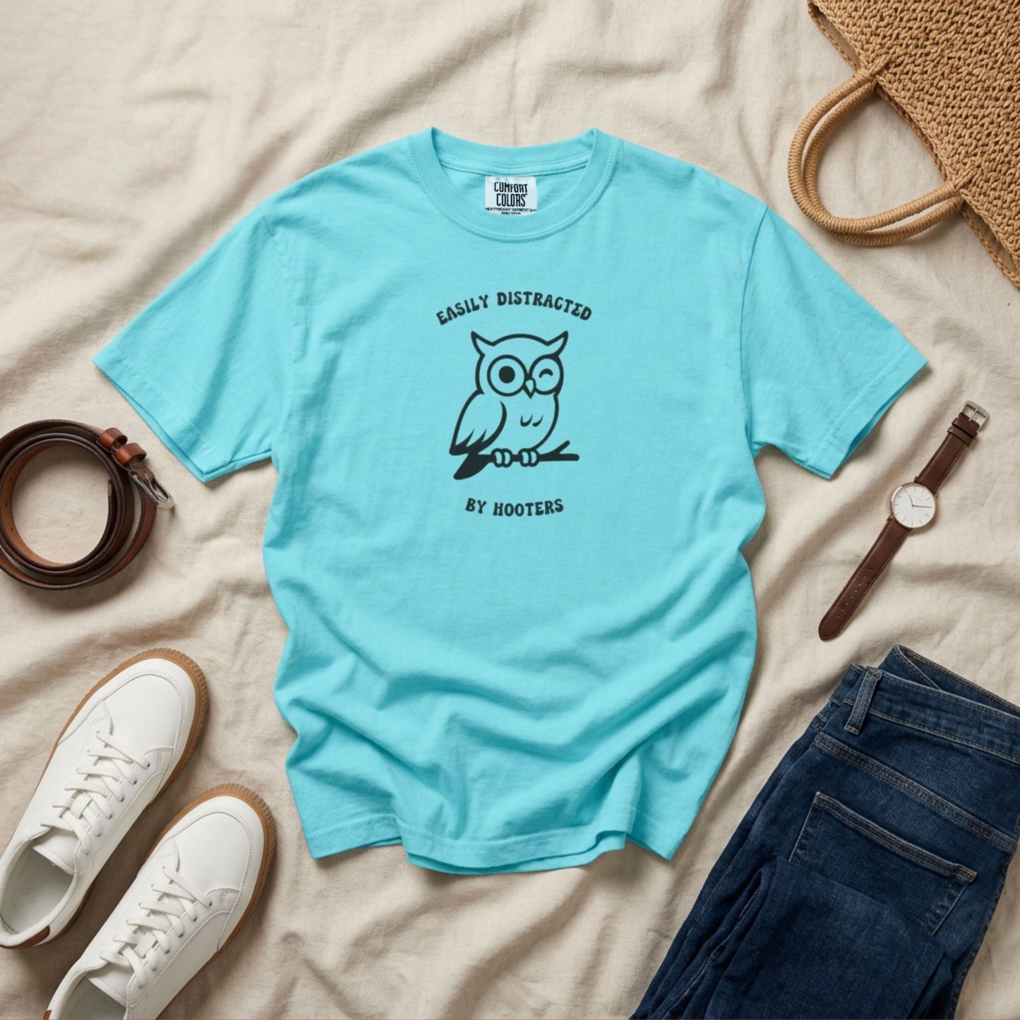 asily Distracted by Hooters funny owl graphic tee in Lagoon Blue – GodaStudio