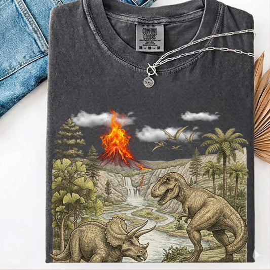 Save Our National Parks shirt in Pepper — vintage dinosaur graphic tee for nature lovers
