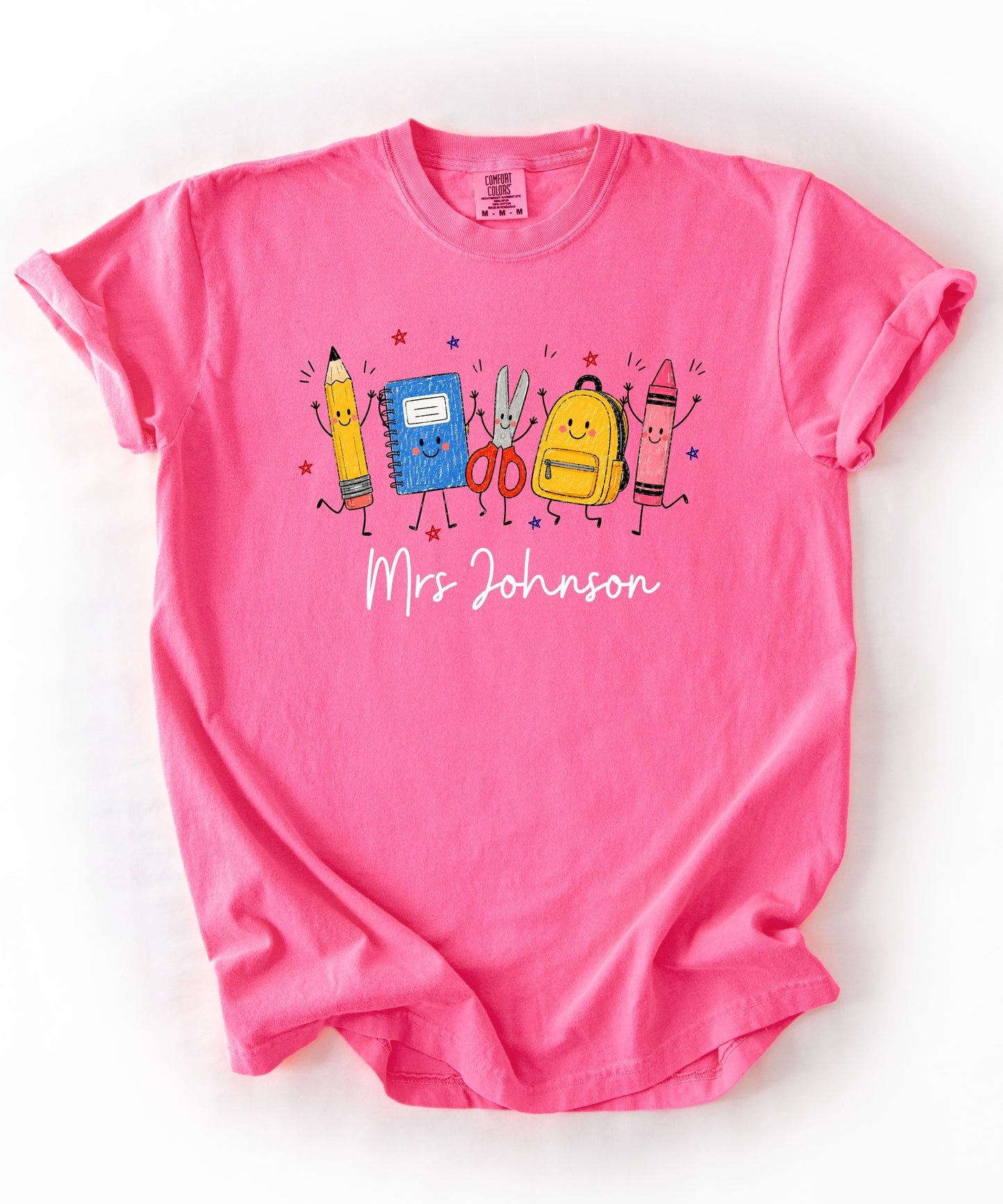 Personalized teacher t-shirt in Neon Pink with custom name printed on front — soft garment-dyed cotton tee, sizes S–4XL