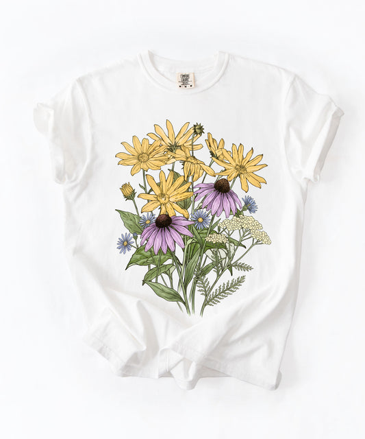 Sunflower Art Nouveau t-shirt in White with vintage floral graphic โ soft garment-dyed cotton tee, sizes Sโ4XL