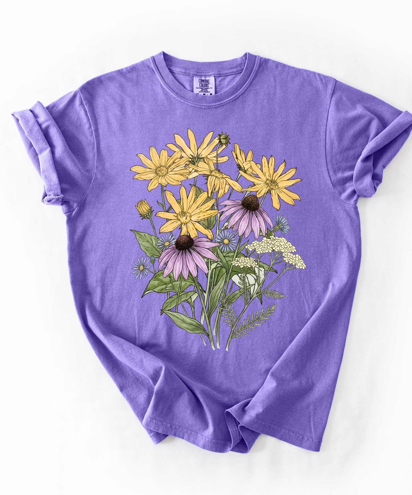 Sunflower Art Nouveau t-shirt in Violet with vintage floral graphic — soft garment-dyed cotton tee, sizes S–4XL