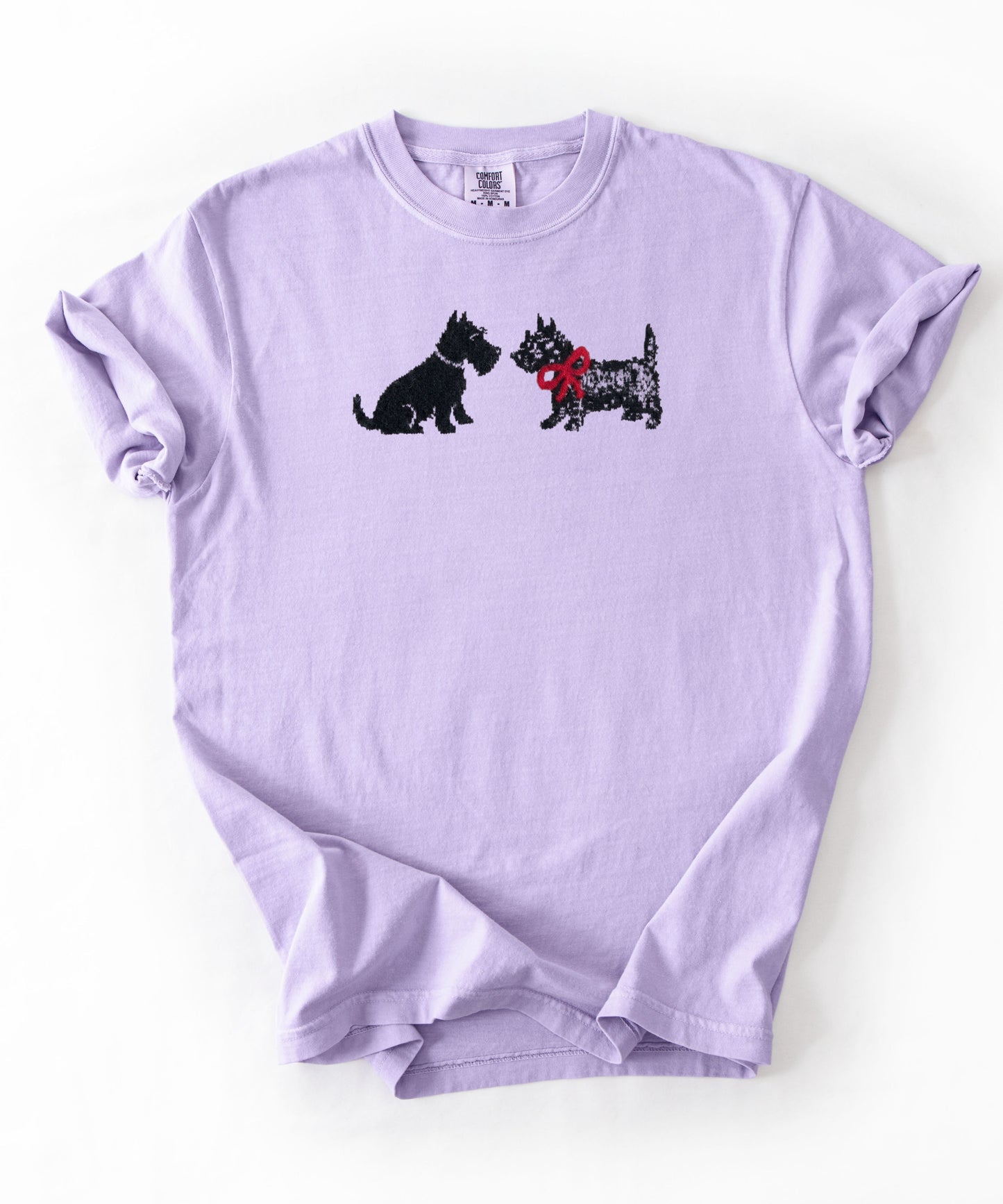 Scottie Dog Friends T-Shirt in Orchid — Comfort Colors garment-dyed tee with cute Scottish Terrier graphic, unisex relaxed fit