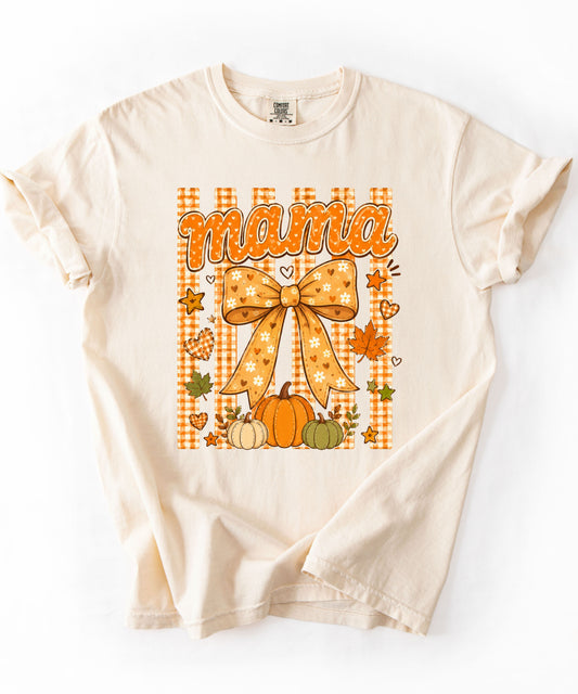 Mama fall pumpkin graphic tee in Ivory — coquette bow and gingham design, relaxed fit