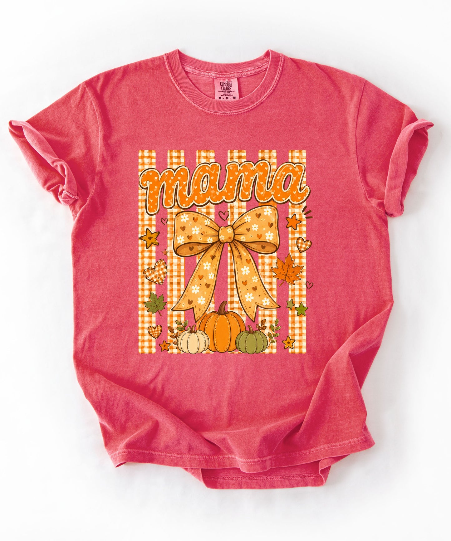 Mama fall pumpkin graphic tee in Watermelon — coquette bow and gingham design, relaxed fit
