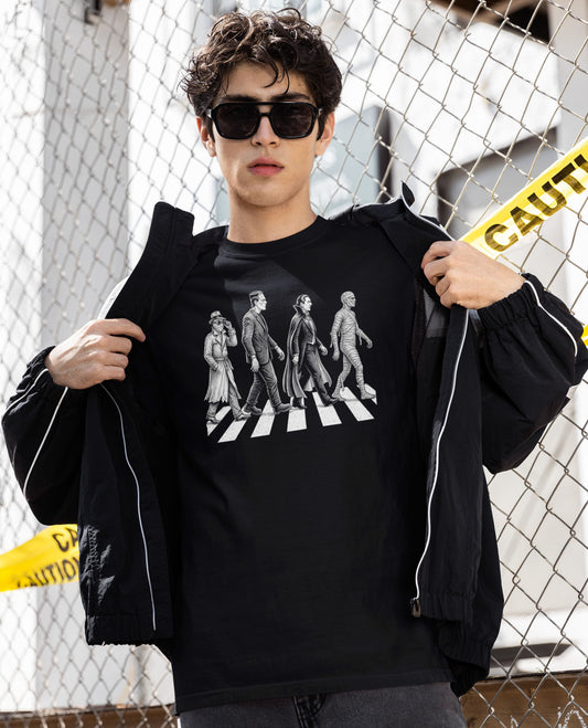 Black garment-dyed unisex classic movie monsters Abbey Road graphic tee — vintage horror shirt