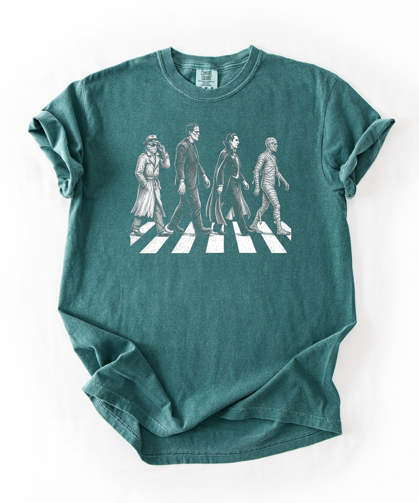 Blue Spruce garment-dyed unisex classic movie monsters Abbey Road graphic tee — vintage horror shirt