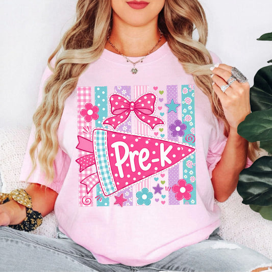 Pre-K Pennant Tee in Blossom — garment-dyed preschool teacher shirt with pink pennant graphic